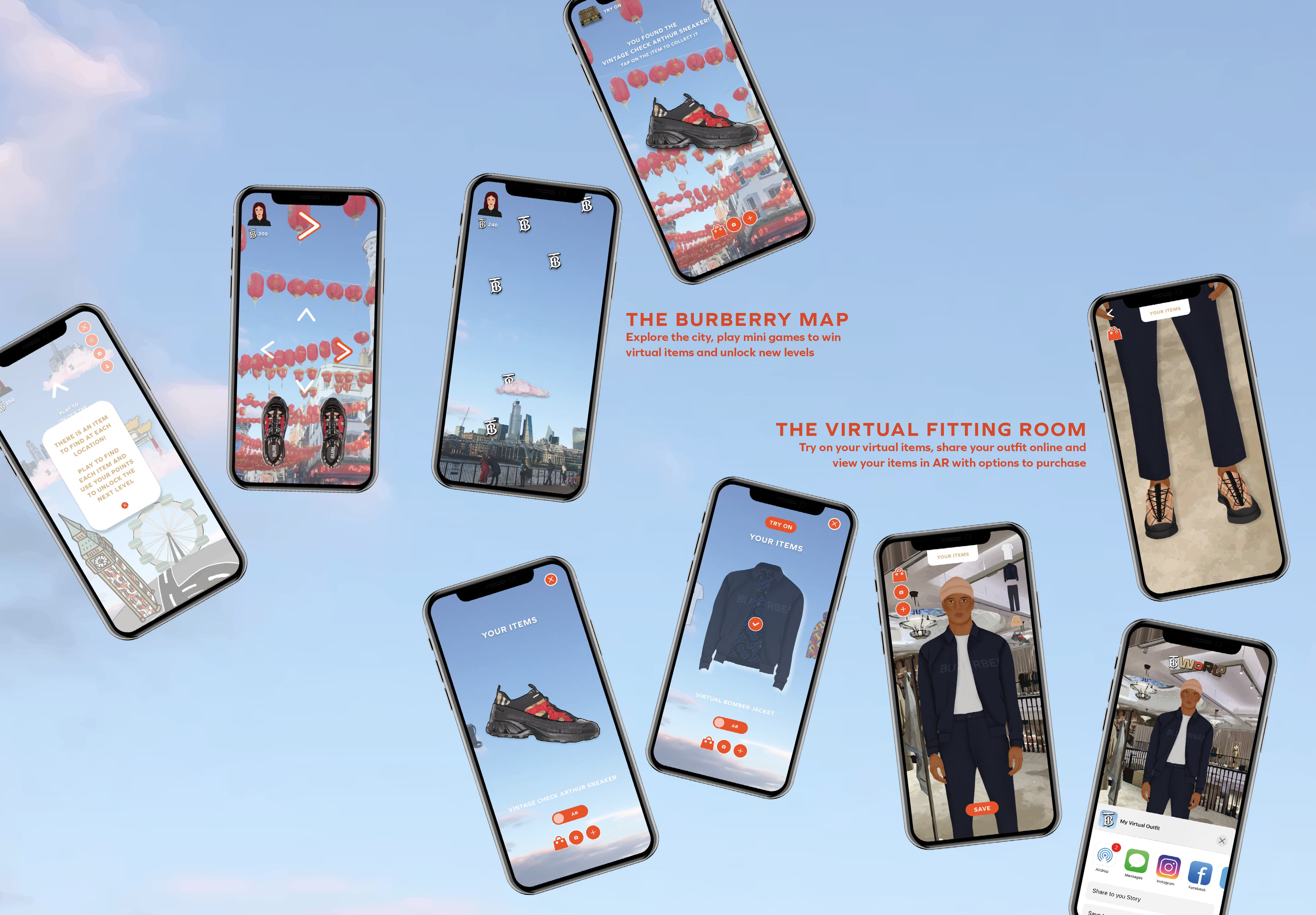 Several smartphone mock-ups on a blue sky background showing various items of clothing and shoes. Two small blocks of text appear off the centre and the right.