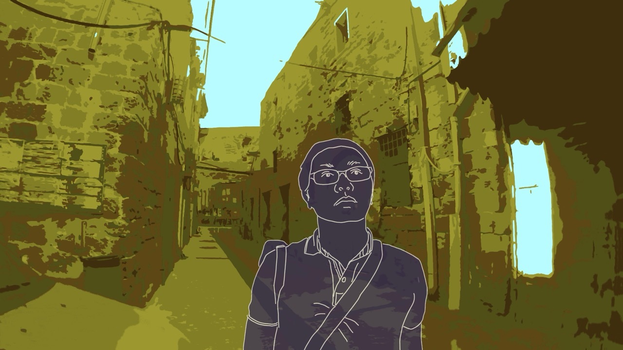 Digital illustration with olive green urban alleyway background and purple outlined figure wearing glasses in foreground centre.