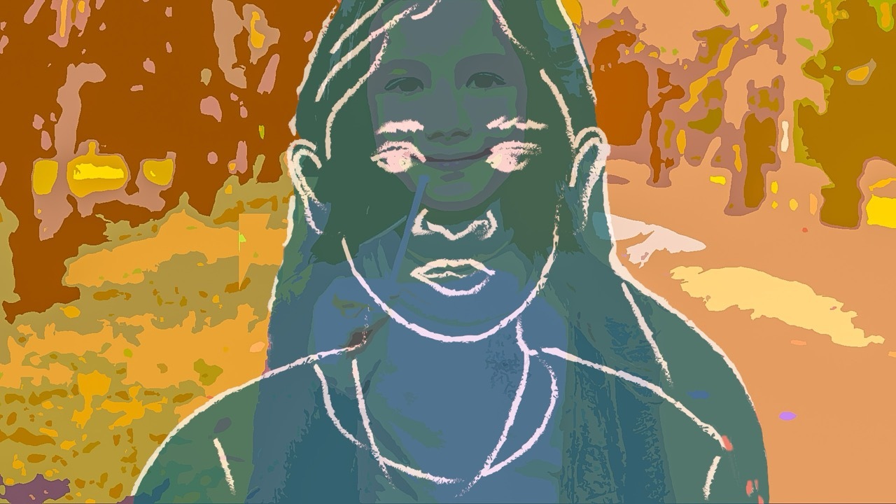 Digital illustration of dark blue-green figure with white outline against warm orange, yellow and brown abstract background.