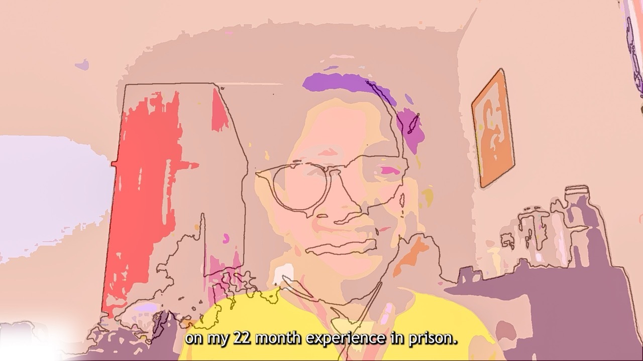 Stylised illustration with pink and purple tones showing a figure with glasses and yellow clothing, text overlay at bottom mentioning prison experience.