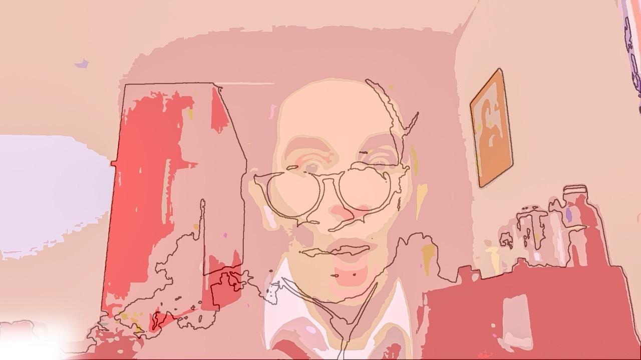 Digital illustration of a person with glasses in pink and peach tones, loose brushstroke style, living room background.