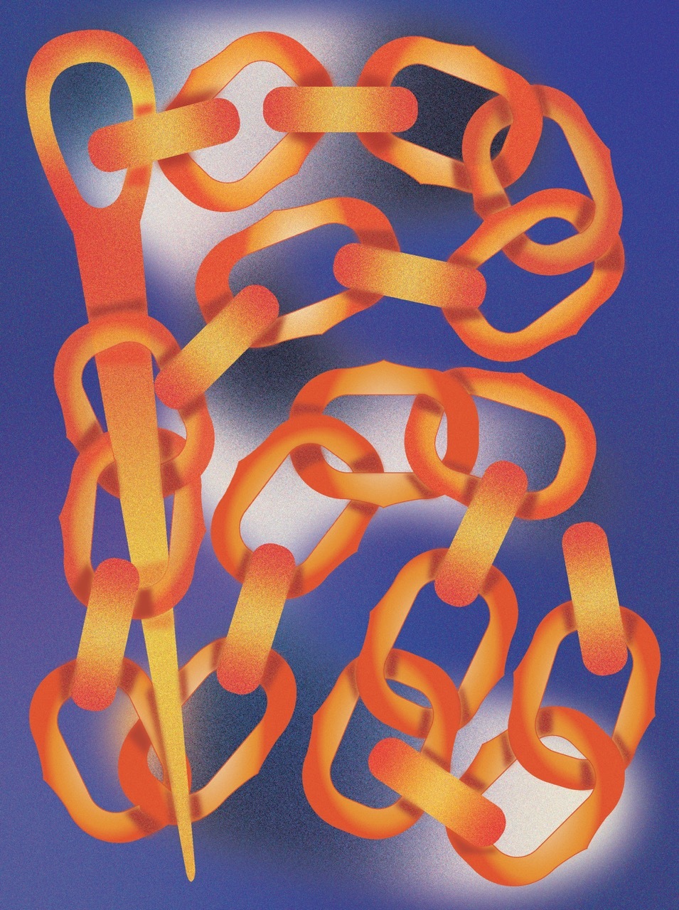 Illustrated orange needles and chains on a faded blue and white background.