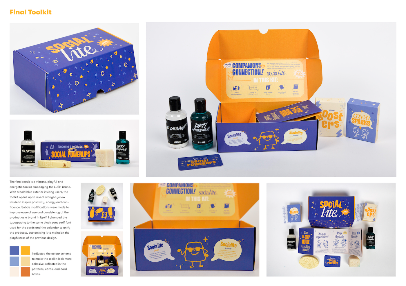 Several images of the packaging and contents of a Lush product called "Social Lite".