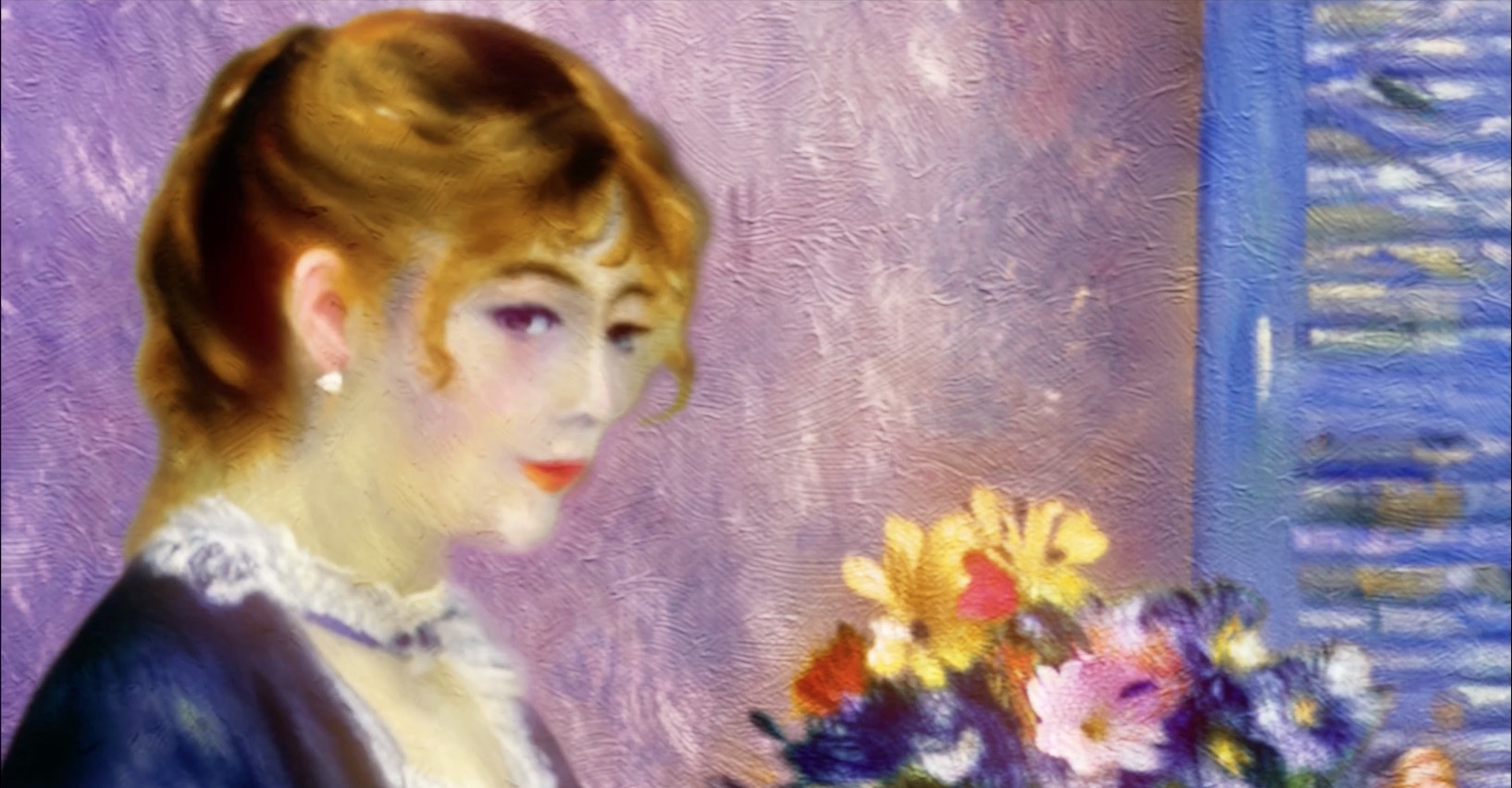A Renoir painting of a woman with red hair and flowers, pink and blue background.