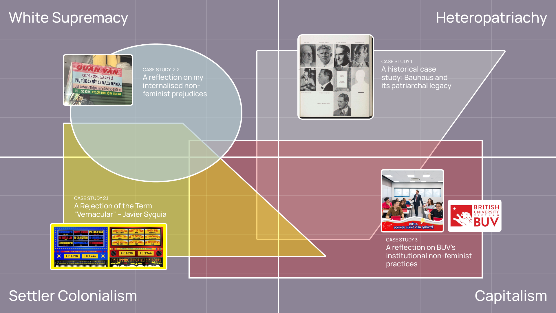 Diagram with four overlapping geometric shapes in purple, green, yellow, and red. Each section contains text labels and small document images with white text describing social systems.