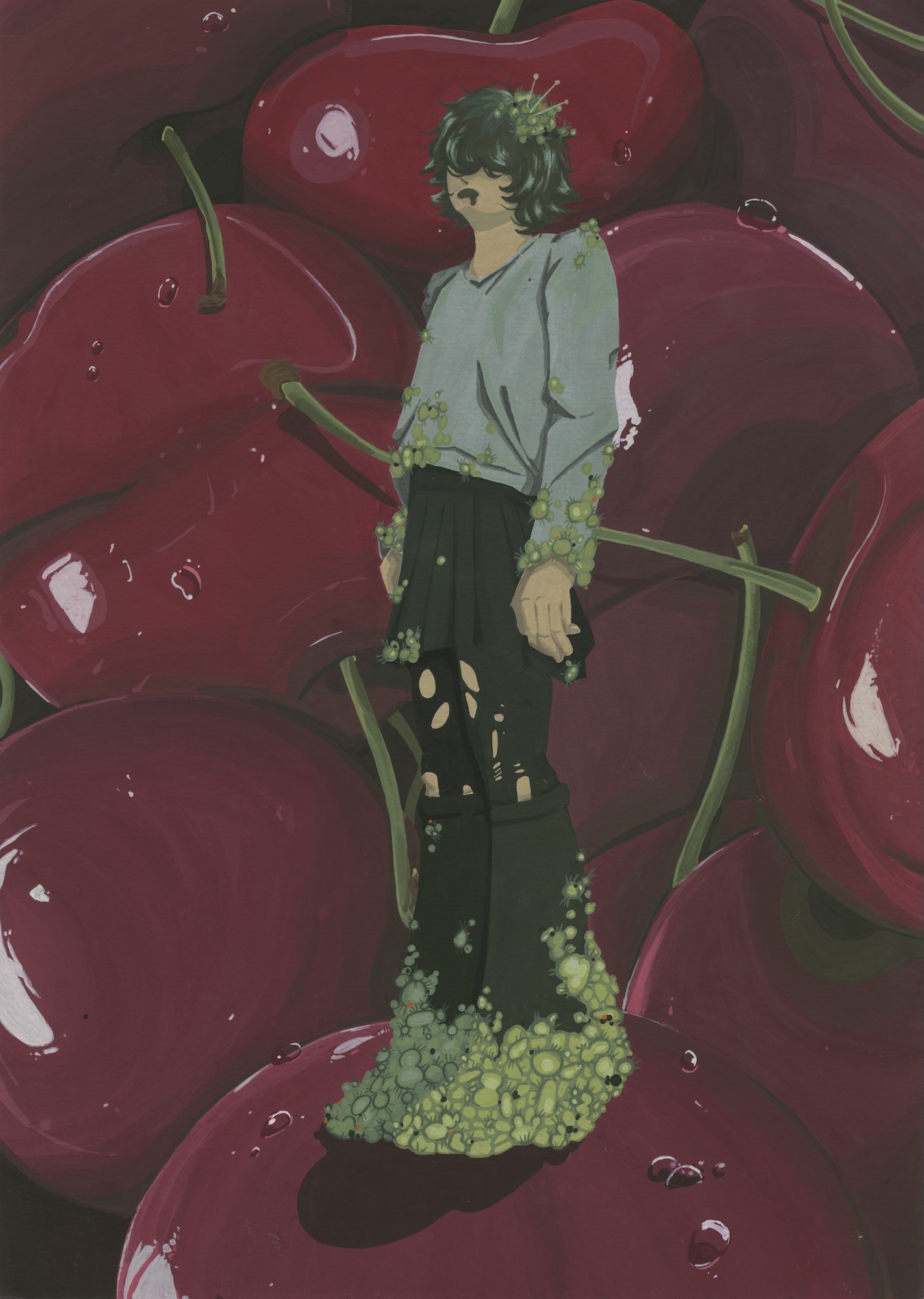 An illustrated young person in a light grey top and black trousers with green floral details stands among large glossy dark red cherries.
