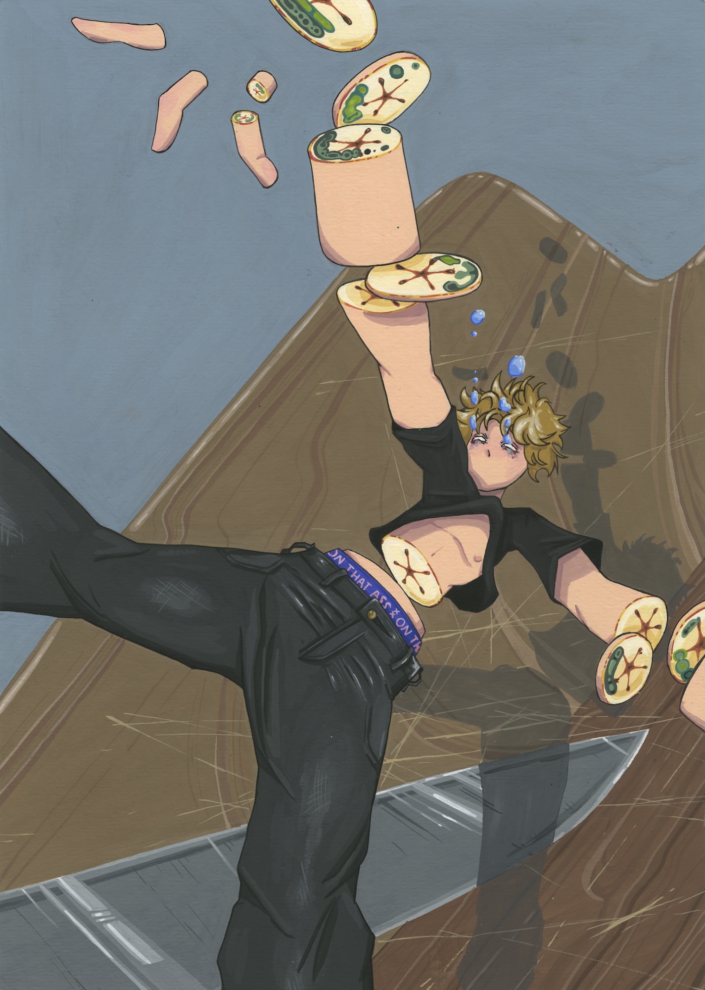 An illustrated person in black clothing is falling backwards on a brown sloped surface, with several floating sliced fruit pieces around them.