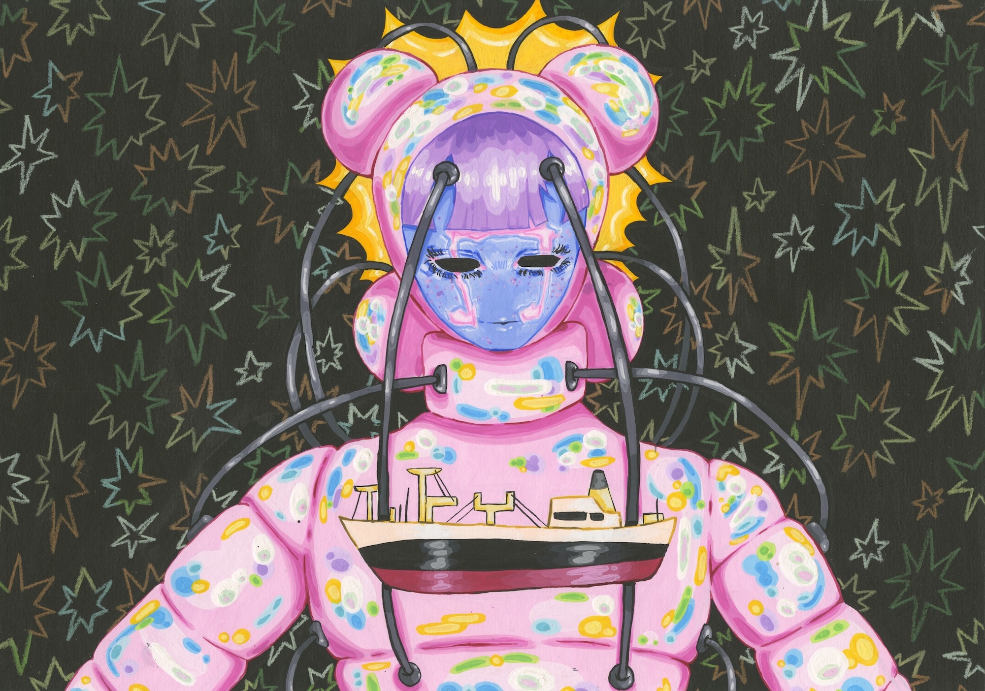 A colourful stylised figure with pink hair buns and a pink spotted outfit, shown against a dark background patterned with outlined leaves.