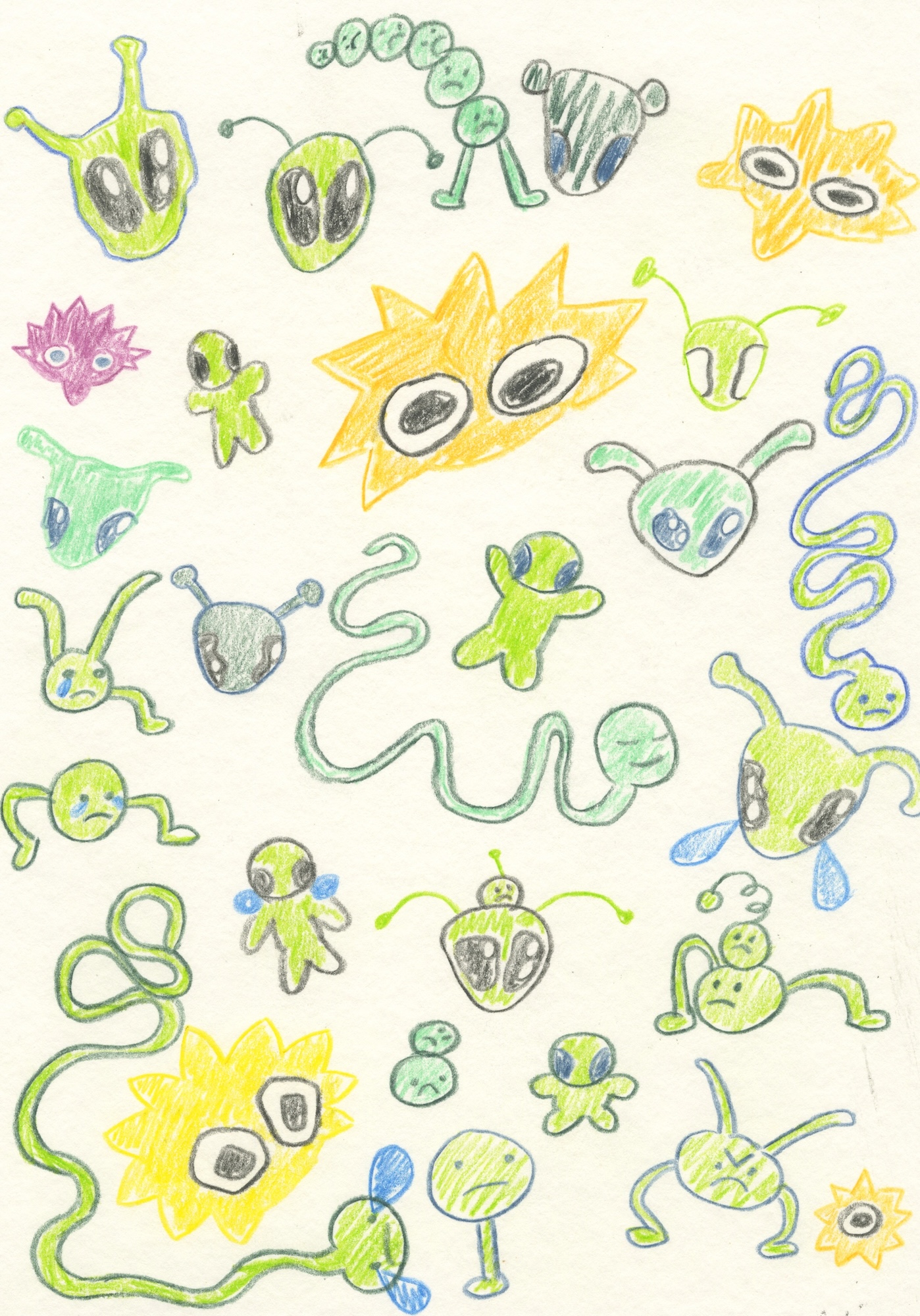A colourful hand-drawn pattern of cartoon aliens and alien faces in green, yellow and blue on white paper.