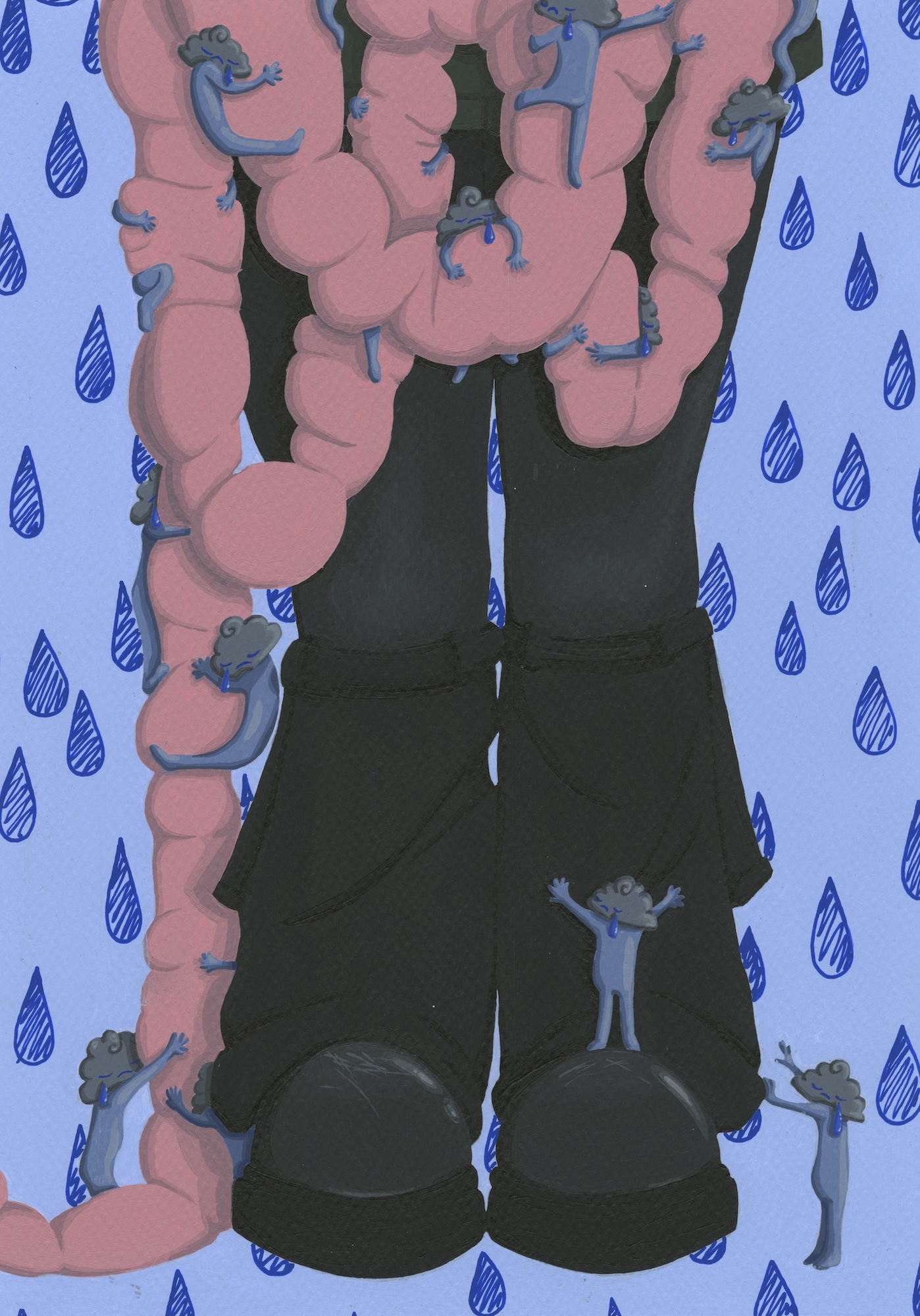 A pair of black boots are covered by a long pink, worm-like form with small blue figures, against a white background patterned with blue raindrops.
