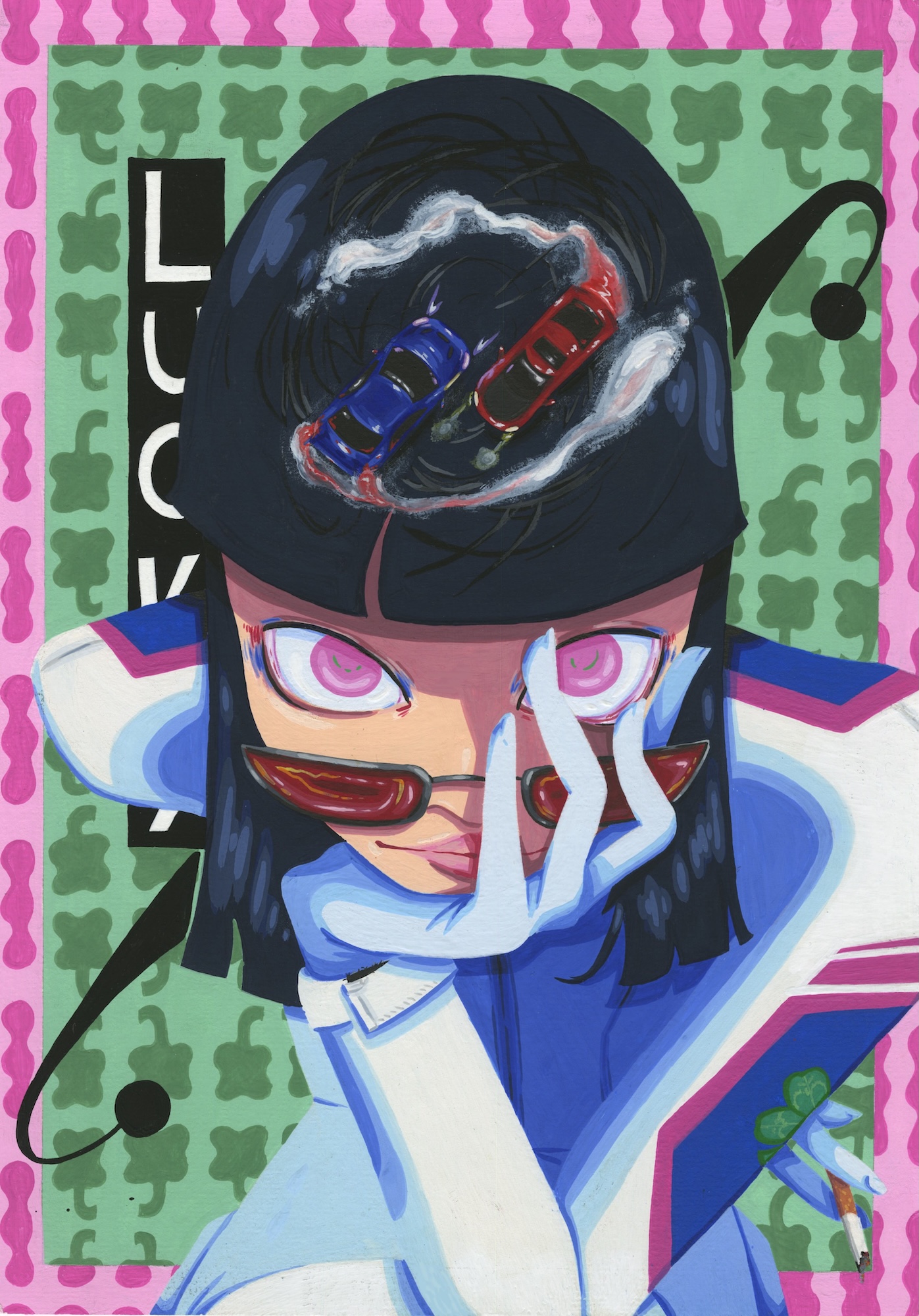 A stylised illustration of a woman with pink eyes and dark hair, wearing a white and blue outfit, against a green patterned background.