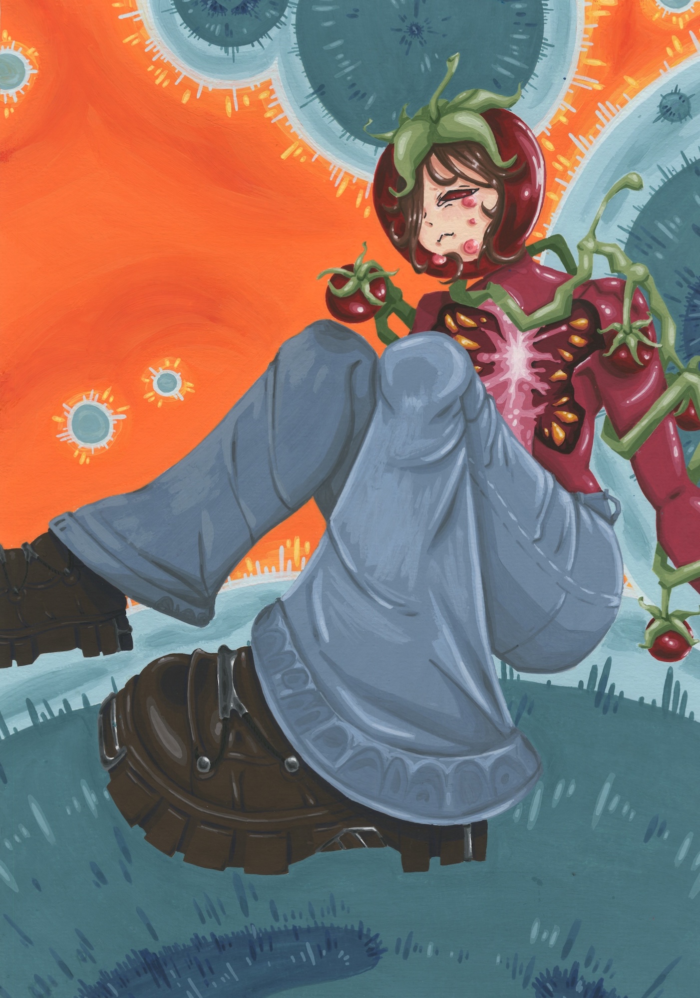 An illustrated humanoid figure in a green helmet and red armour sits on the ground with one shoe visible, against a bright orange sky with circular blue shapes.