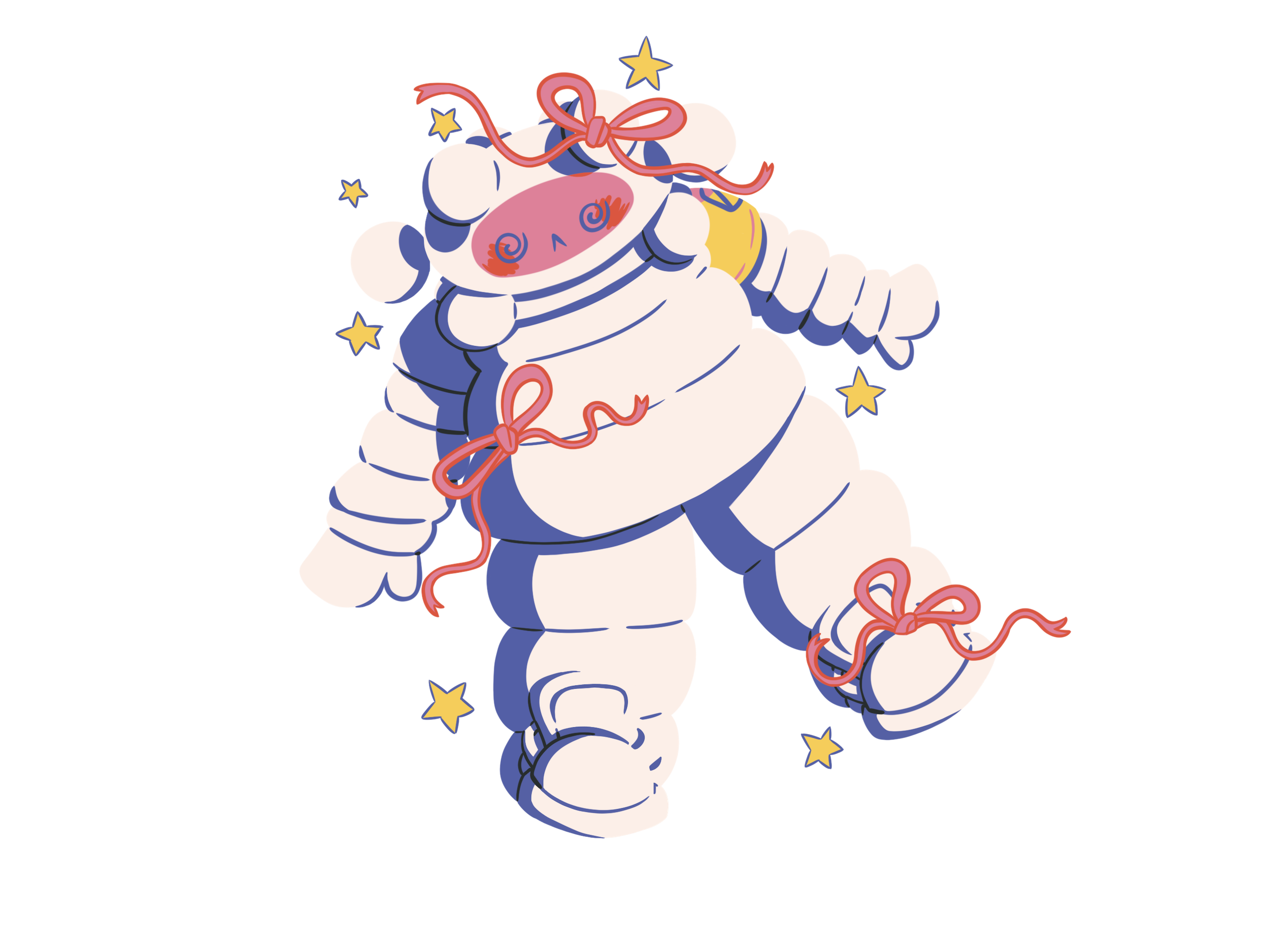 A cartoon astronaut in a white spacesuit with blue accents floats against a black background, surrounded by small yellow stars.