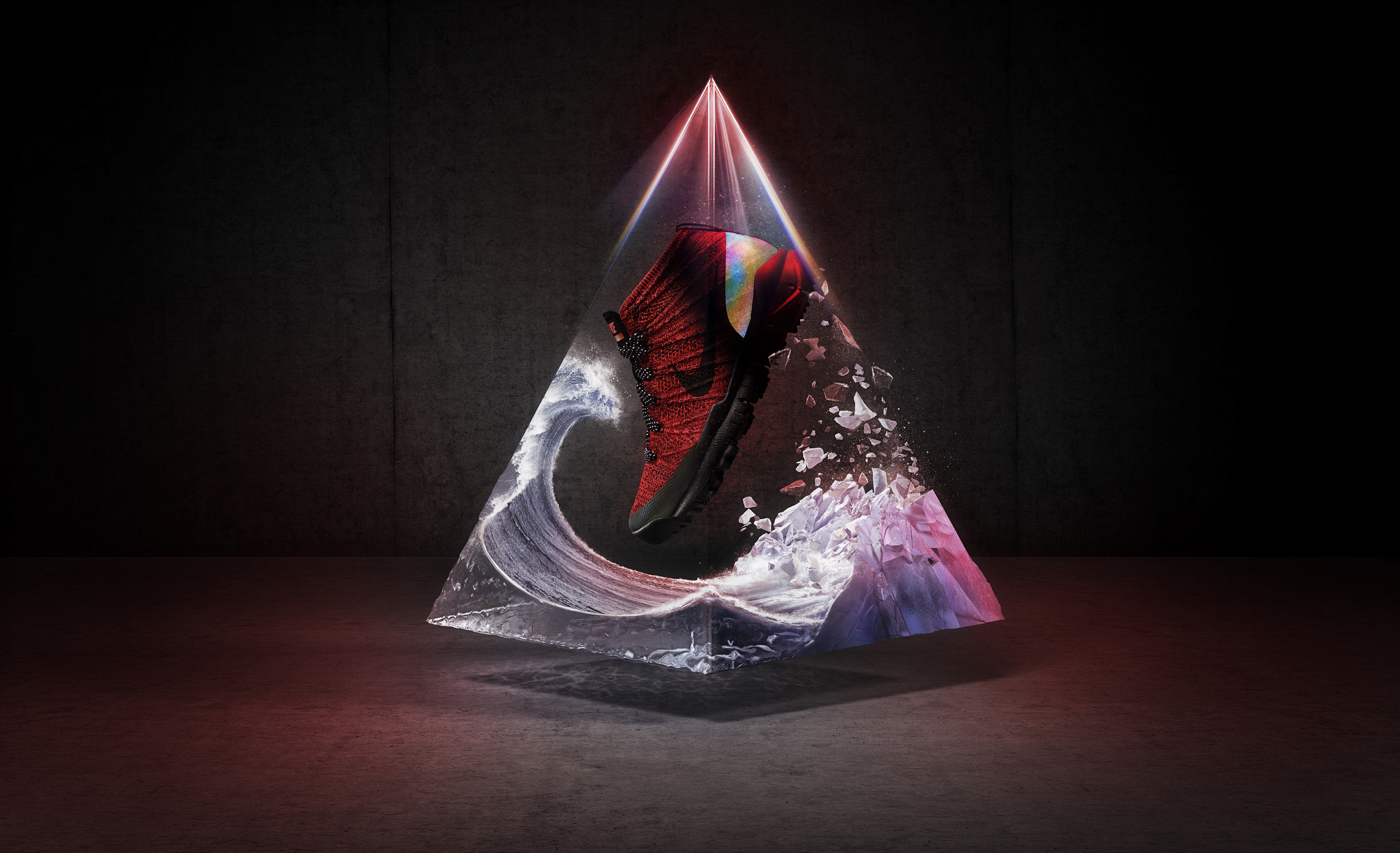 A Nike sneaker floating in an abstract, neon triangle with a wave.