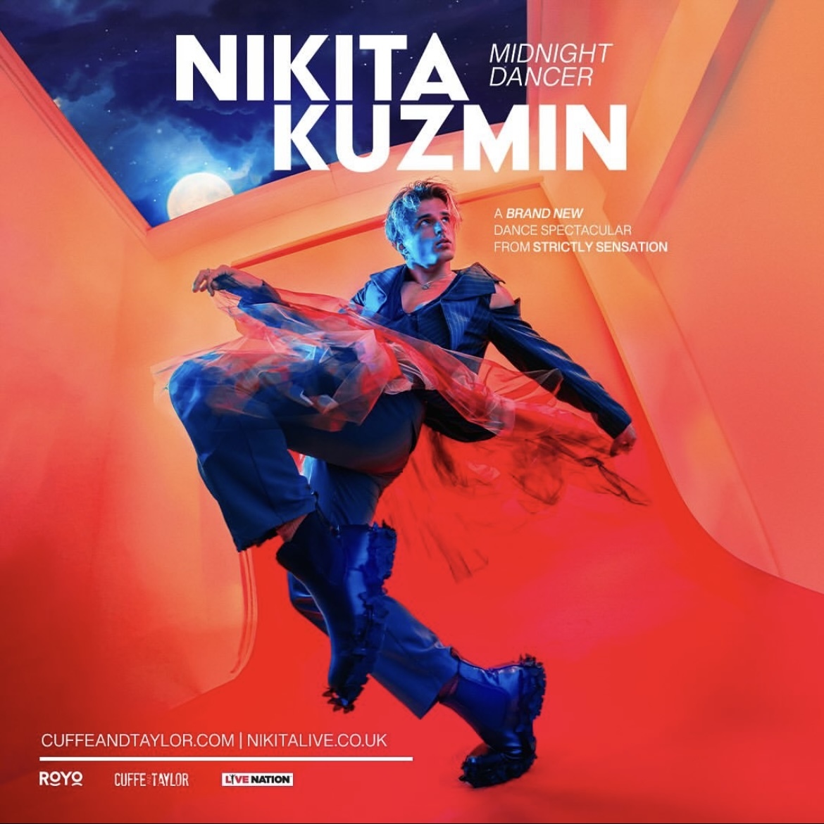 Poster for N Kuzmin's solo tour Midnight Dancer, showing the dancer posing against a primarily red and orange background, with the night sky and full moon visible at the top.