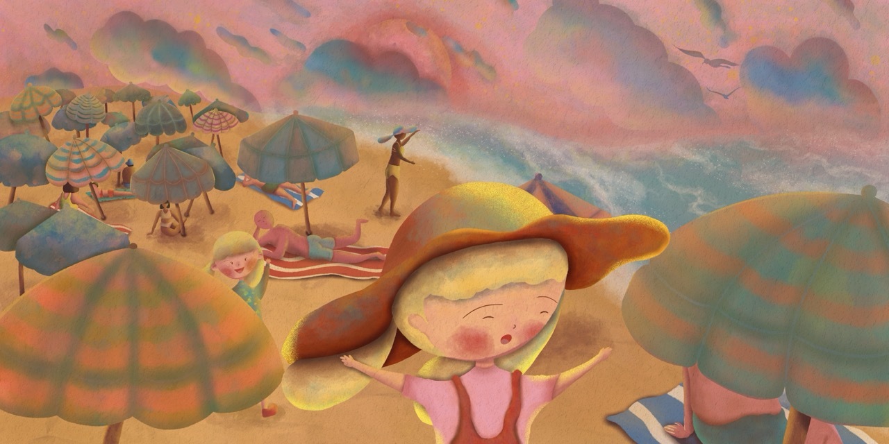 Illustration of a child at the beach, parasols, orange sky.