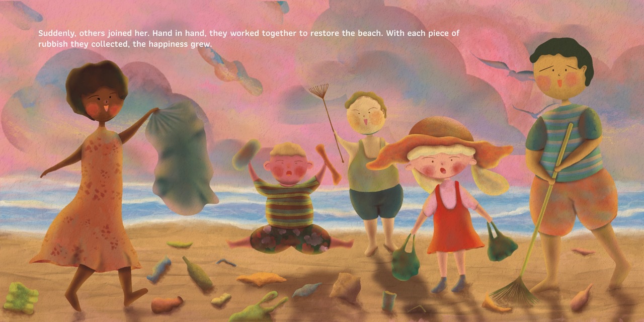Illustration of children cleaning a beach's plastic, white text above.