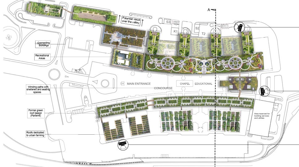 Architectural site plan showing building layouts in grey rectangles with green landscaped areas and circular elements on white background.