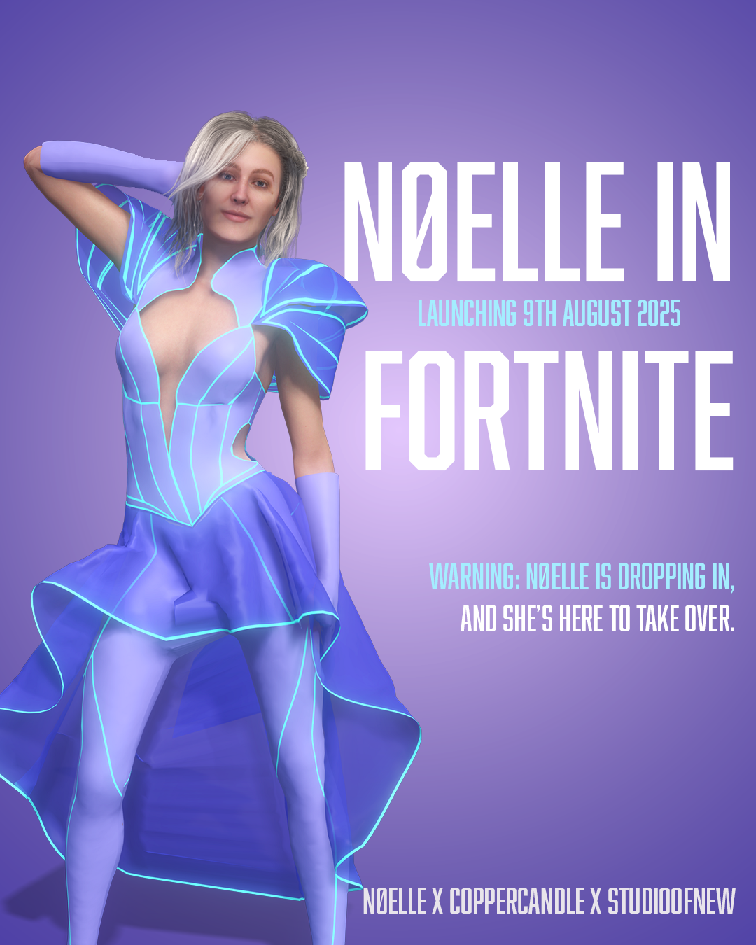 Promotional image with blonde woman in blue outfit against purple gradient background. White text announces "NØELLE IN FORTNITE" launch.