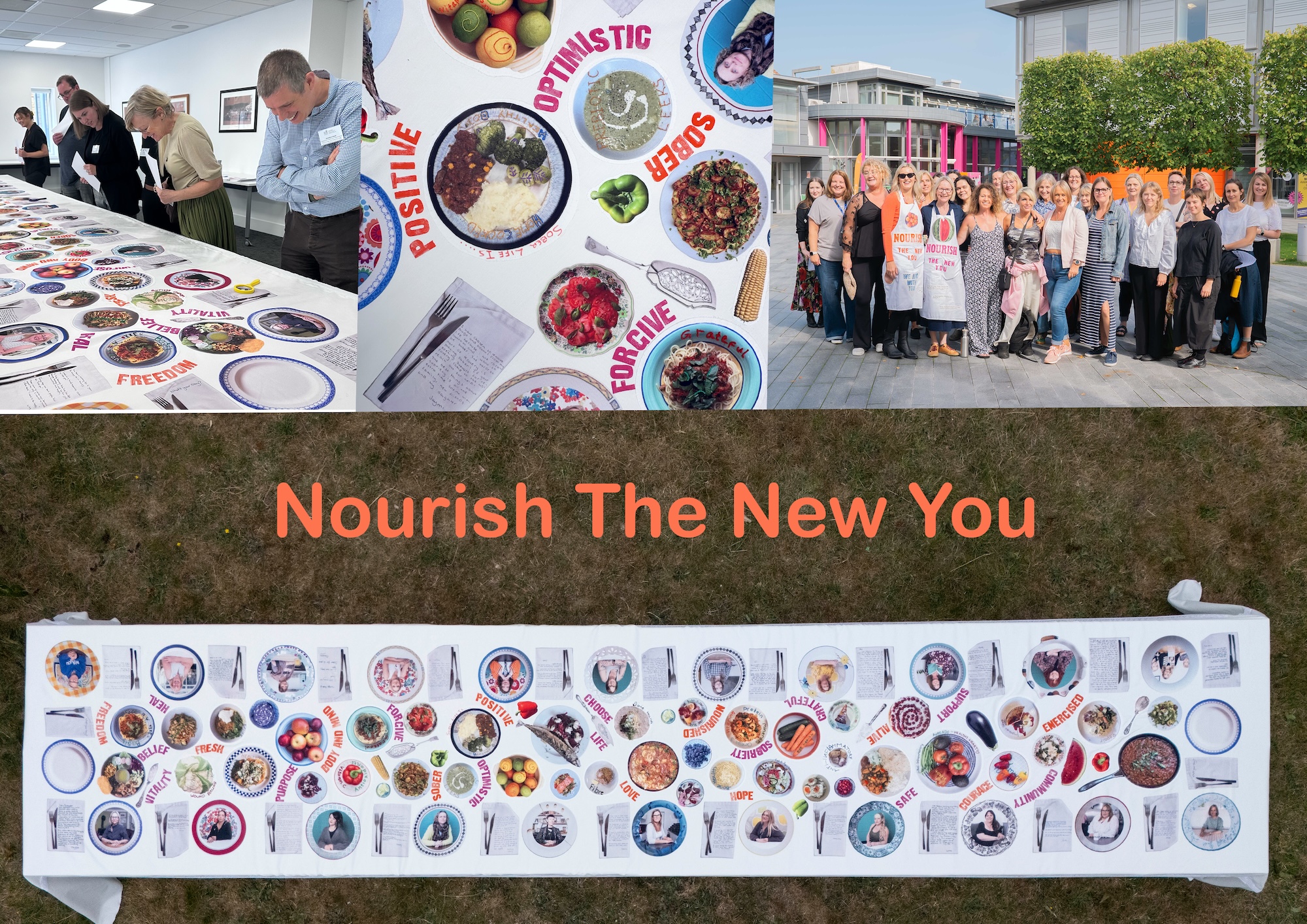 A large outdoor display table covered with many circular food plates and labels, with the words “Nourish The New You” above and three smaller photos of people gathering around the installation.