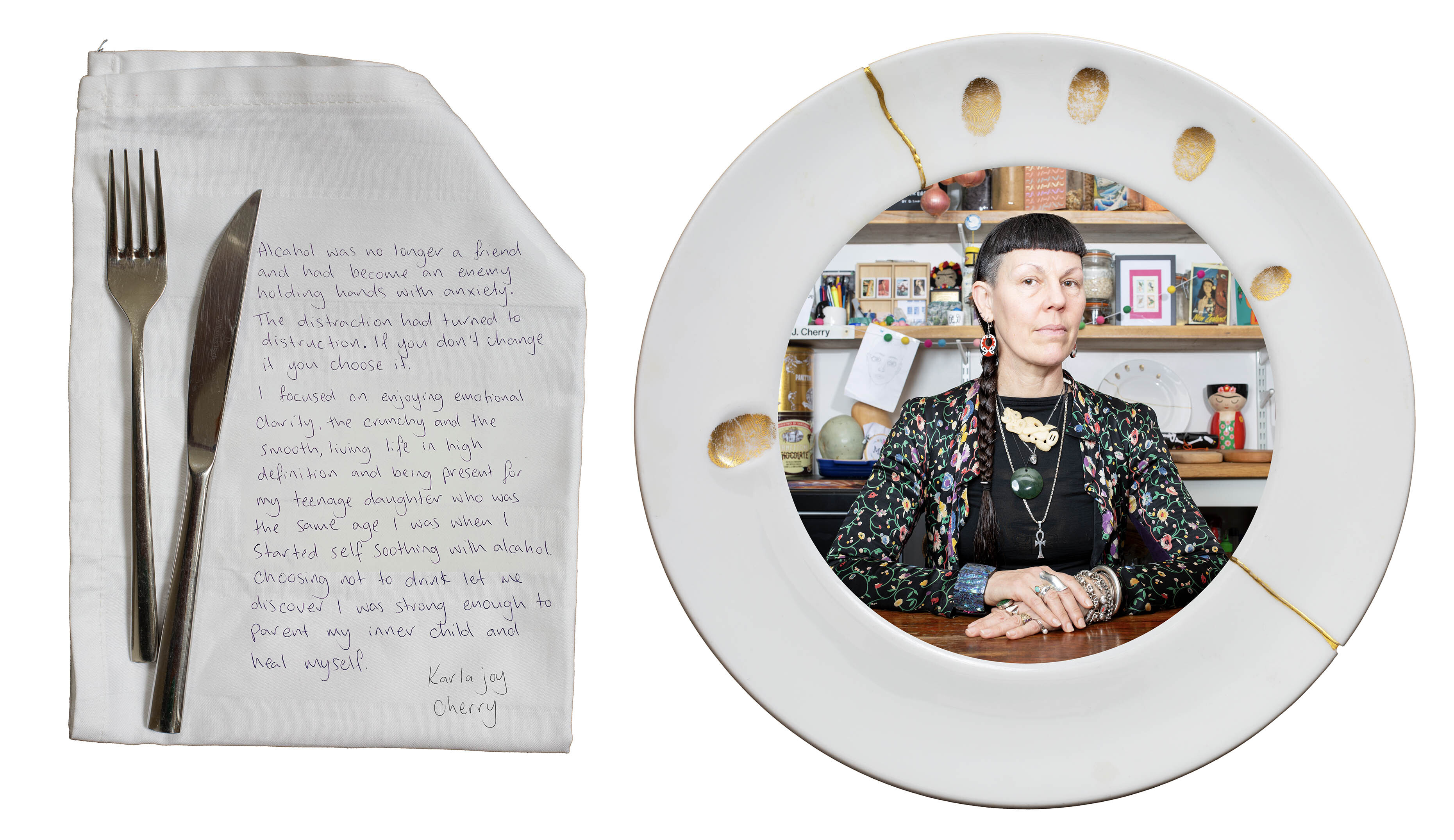Handwritten recipe on paper beside fork and knife, next to white plate containing circular portrait of woman in patterned top in kitchen.