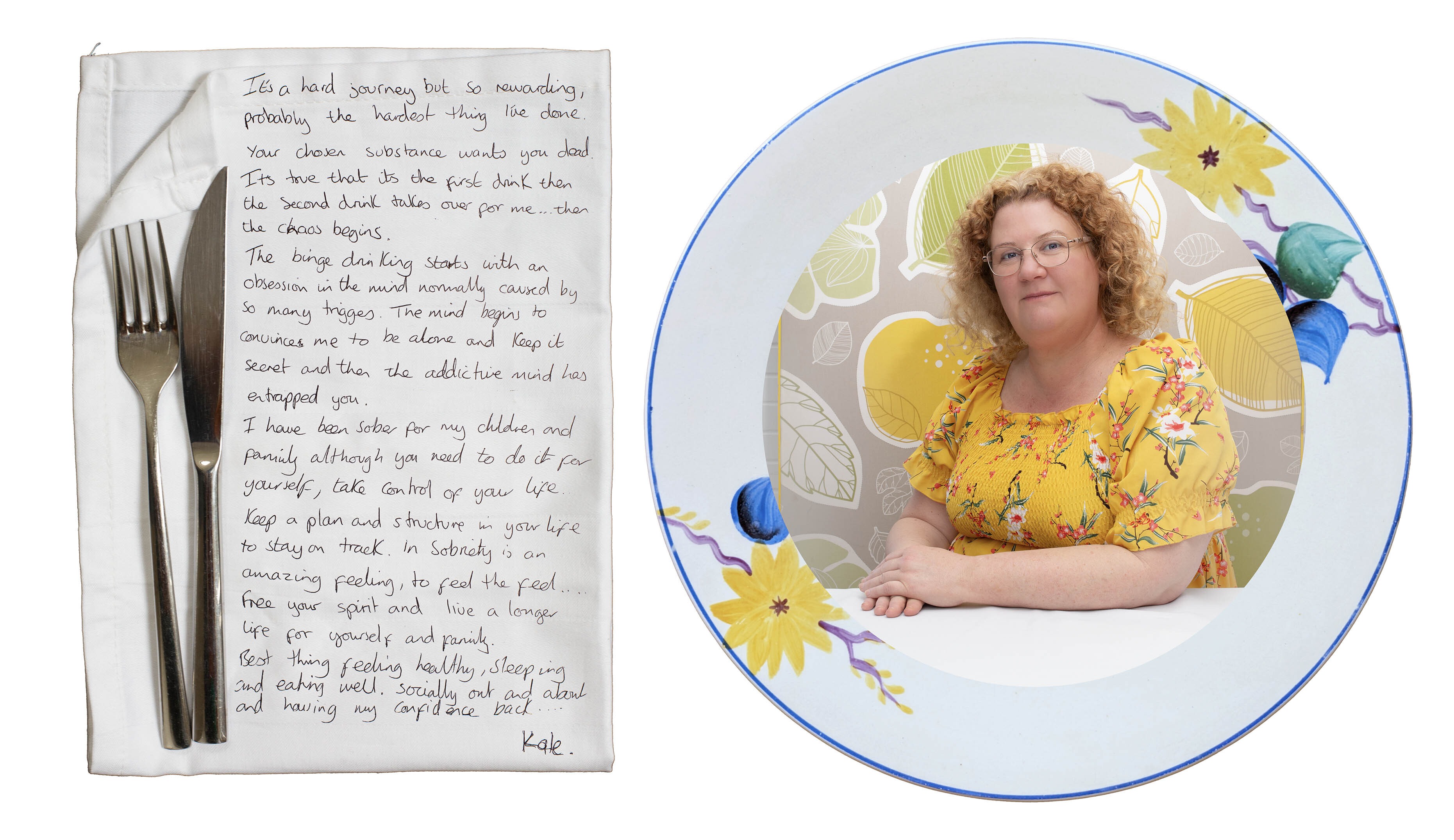 Handwritten recipe page with fork and knife on left; circular frame with woman in yellow floral top on right, decorated with flowers.
