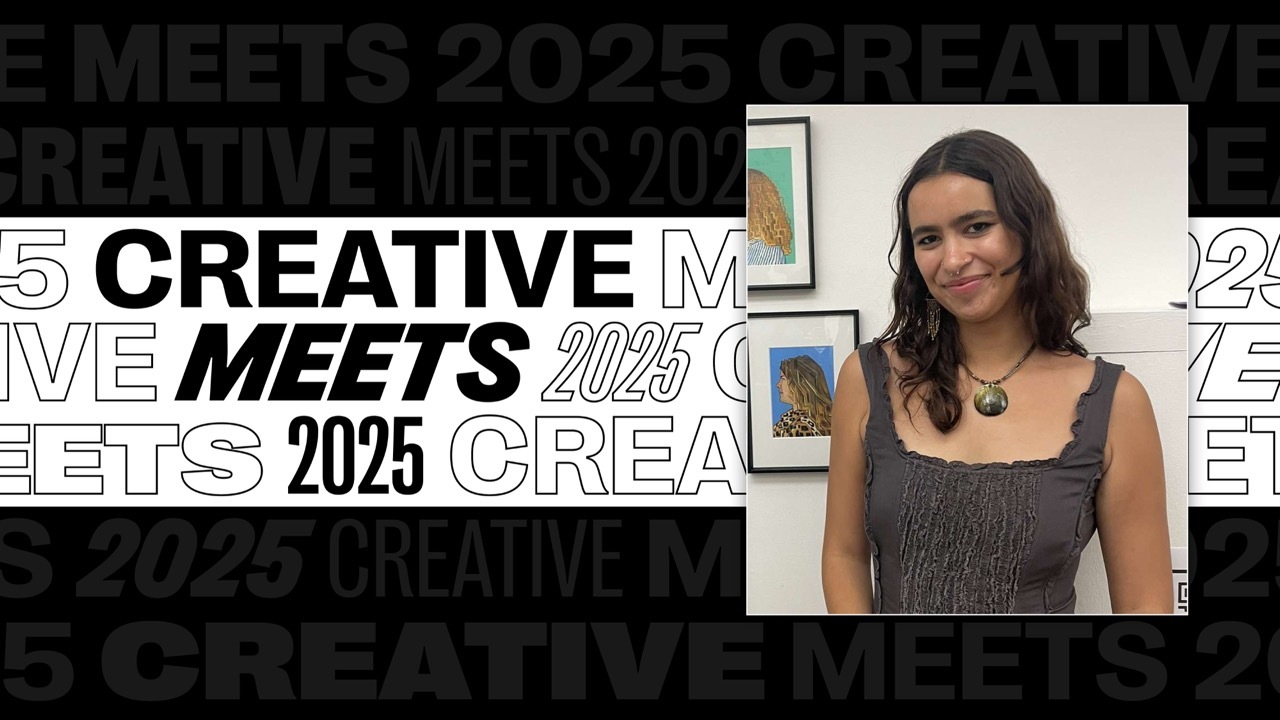 Creative Meets 2025 banner with bold text in black and white, image on the right of Nyah Boston Shears.