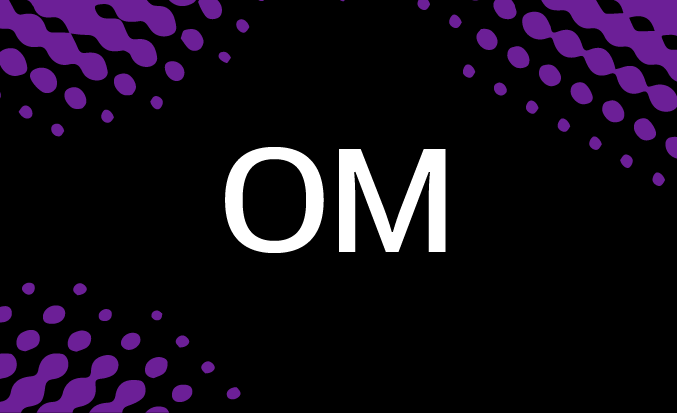Black tile with purple pixellated accents and the initials OM in the centre.