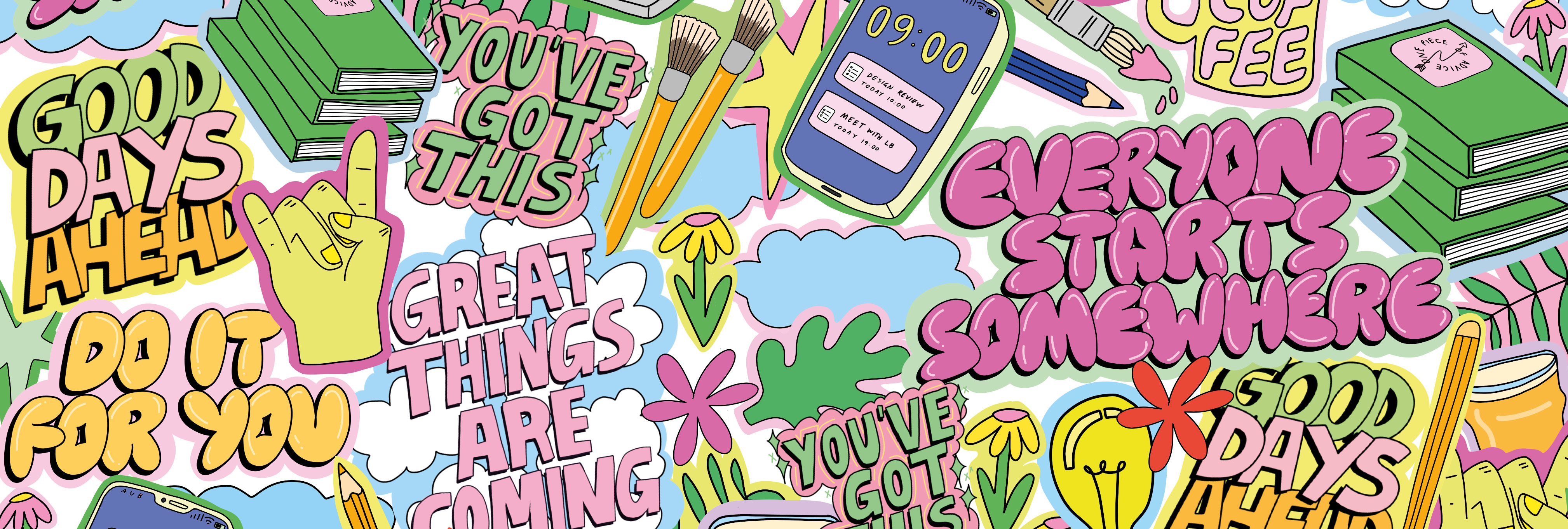 A section of the illustrated cover of the fifth issue of One Piece of Advice, the Alumni Magazine from AUB. The cover features a selection of motivational quotes and cute Y2K-inspired illustrations