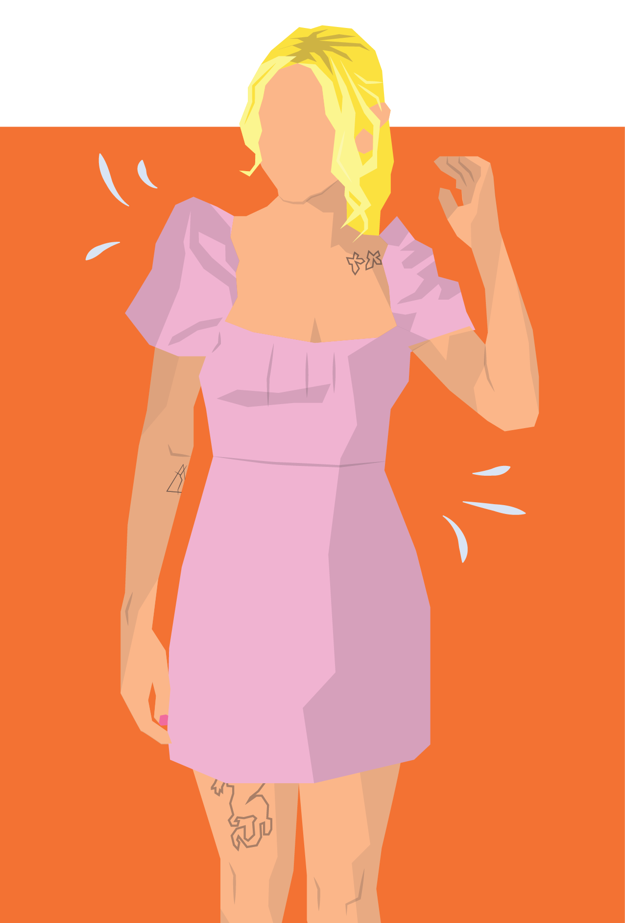 Colourful illustration of Paris Higson in a pink dress, orange background.