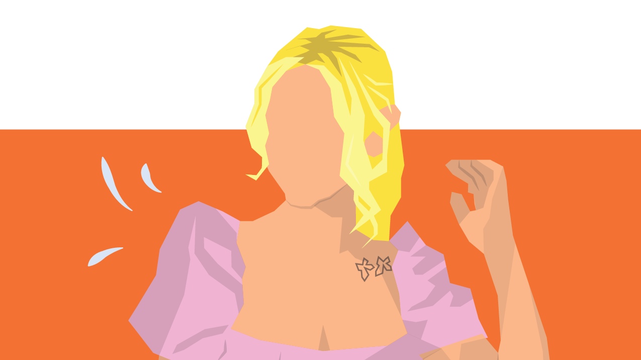 Illustration of Paris Higson wearing a pink dress, orange background.