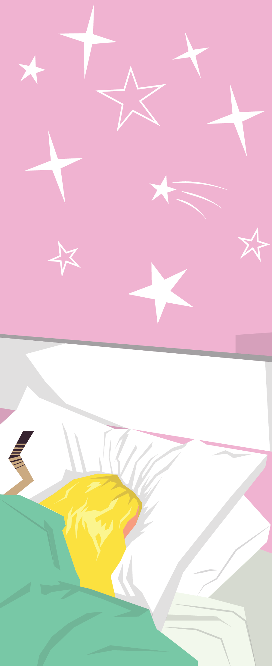 Funny illustration of Paris Higson lying face-down in a pillow with green blankets, small cat tail emerging from underneath, with a pink background and stars above.