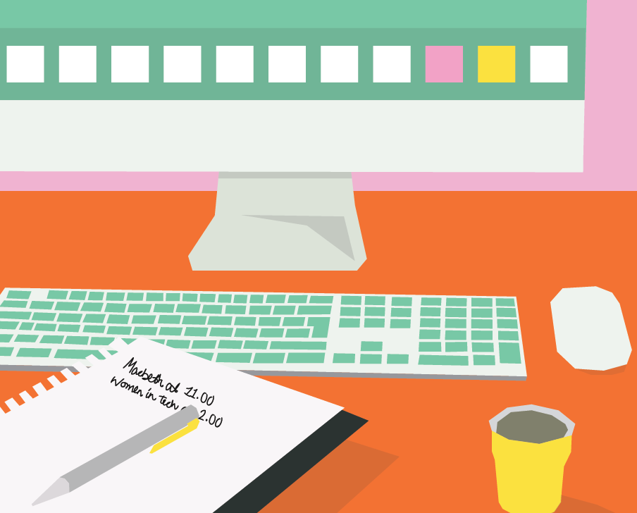 Colourful illustration of a green computer, notebook, coffee cup and orange desk.
