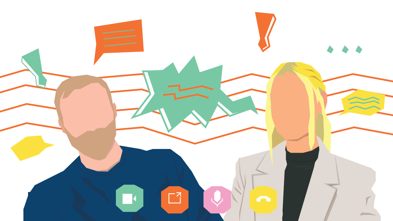 Colourful illustration of Paris Higson and Rich Tarr surrounded by funky shapes resembling MS Teams icons in orange, green, yellow and pink.
