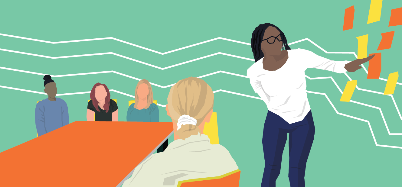 Colourful illustration of people around an orange table and a person stood pointing at post-it notes, green background.