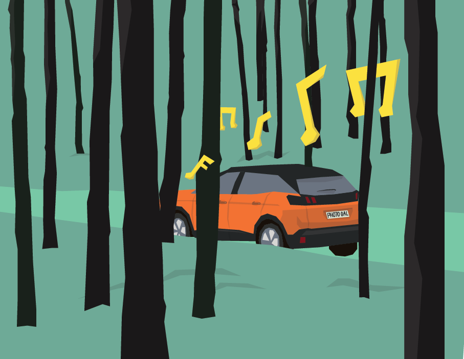 Illustration of an orange car driving through woods with yellow music notes, green background.
