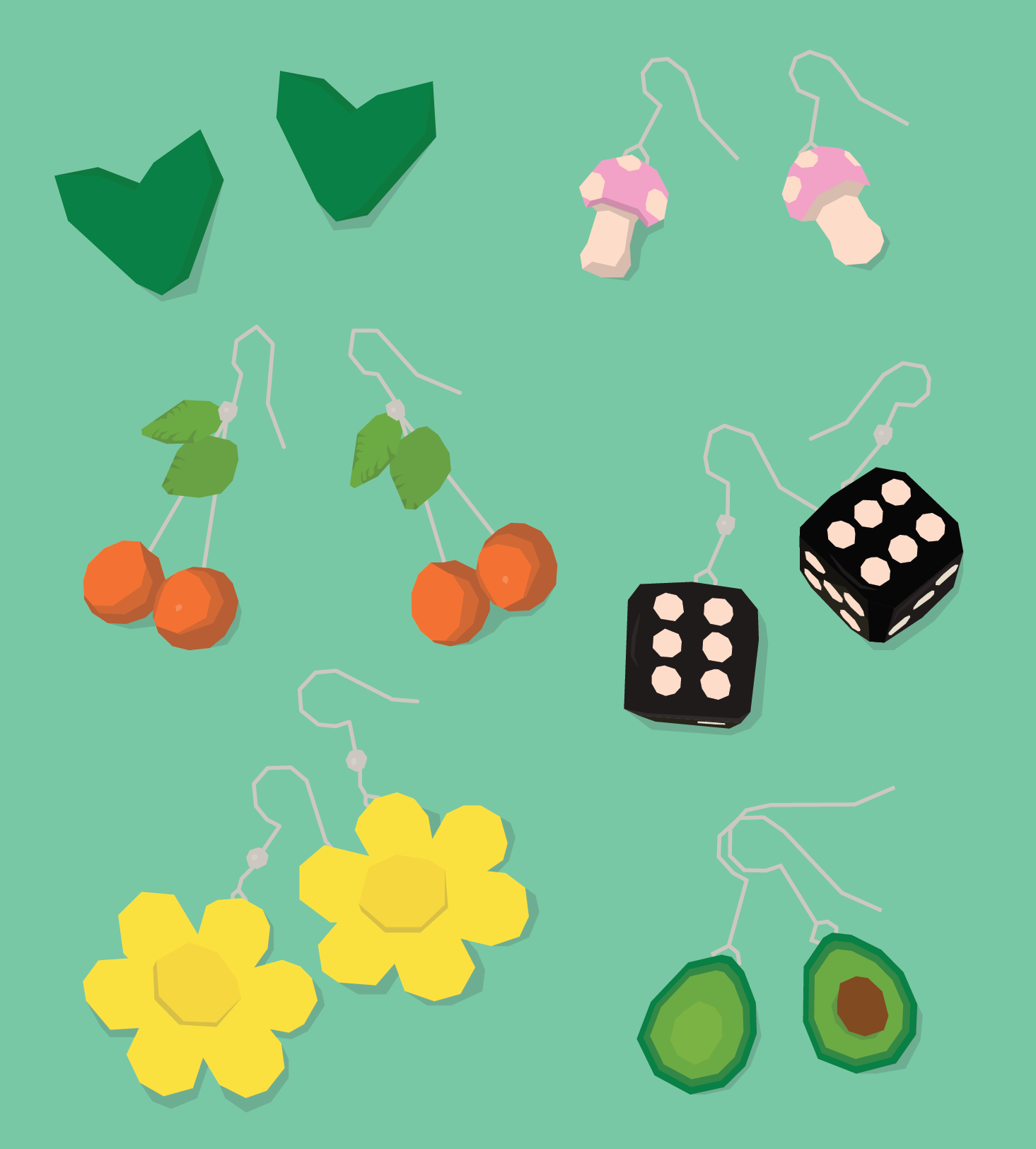 Illustrations of different funky earrings, including cherries, pink mushrooms, black dice, yellow flowers and avocados, green background.