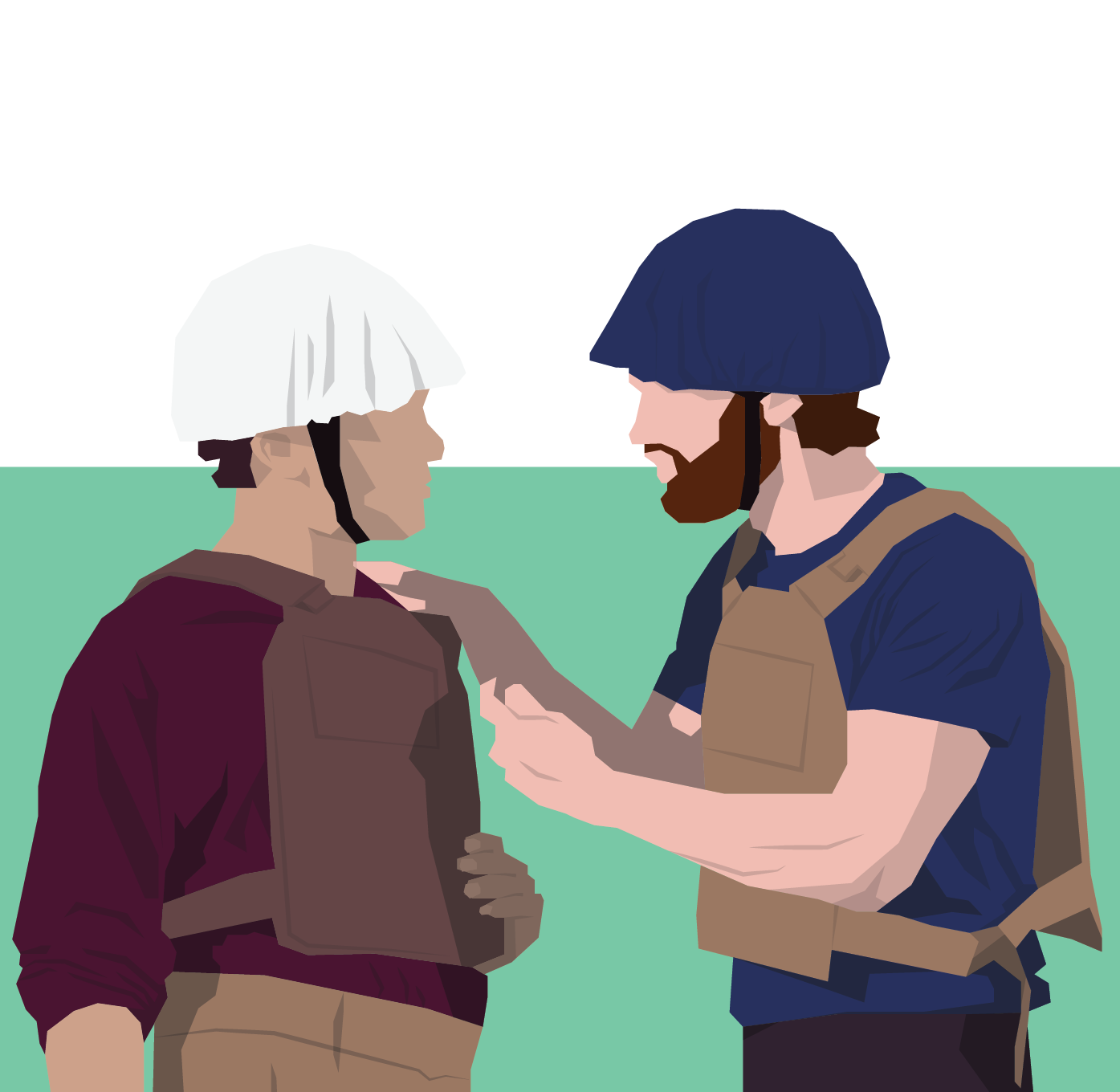 Illustration of actors in warfare gear, green background.