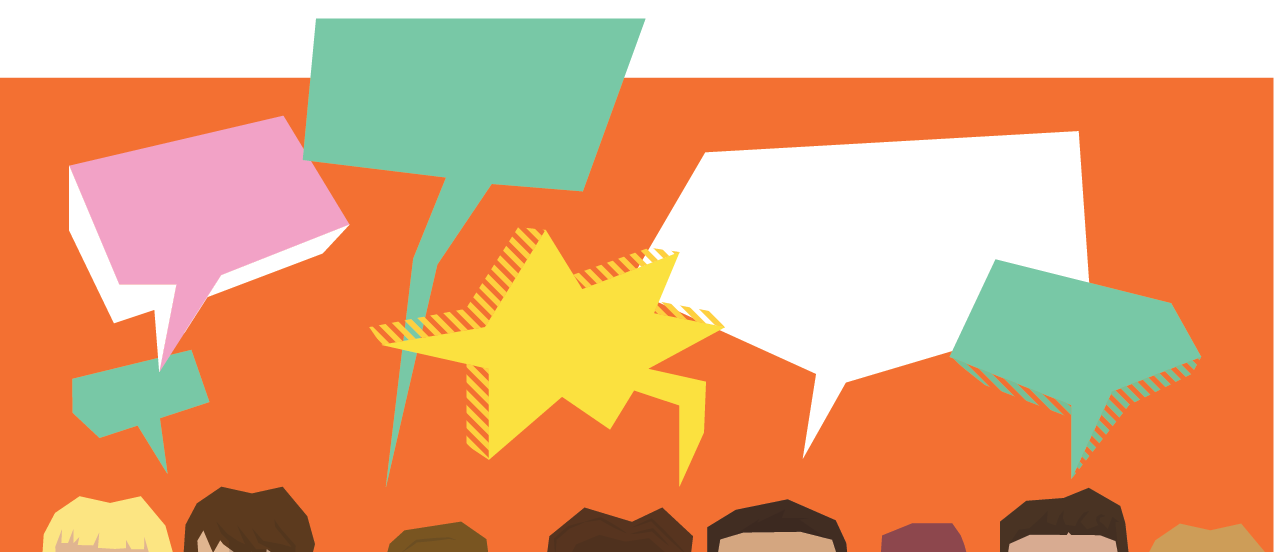 Colourful illustrations of speech bubbles and the tops of heads in yellow, green, and pink, orange background.