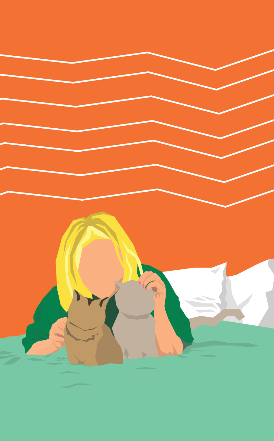 Colourful illustration of Paris Higson laying on a green bed with her two cats, orange background.