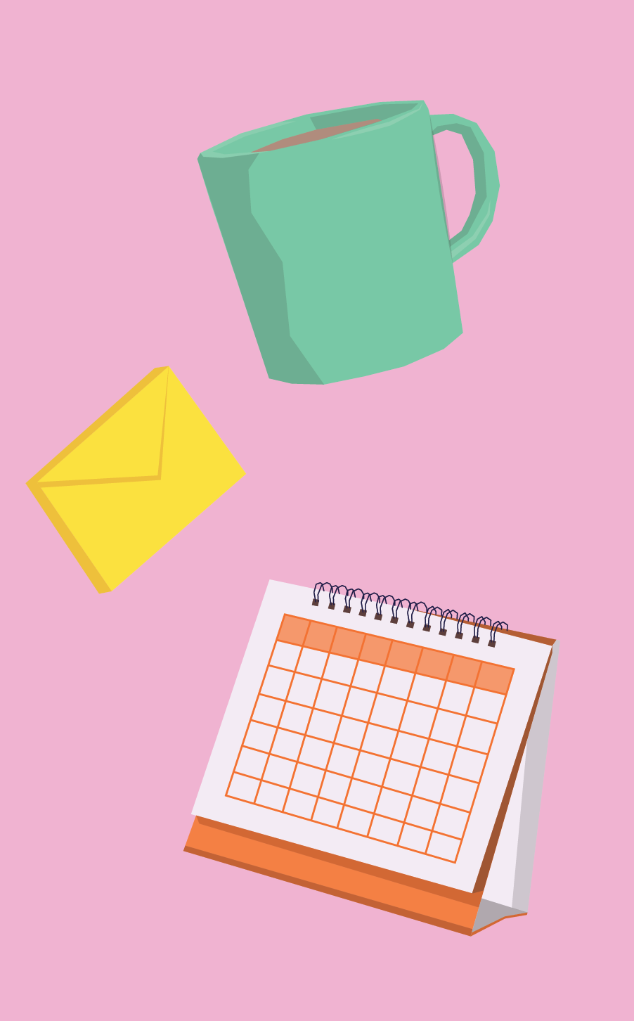 Illustration of a green mug, yellow envelope and orange calendar, pink background.