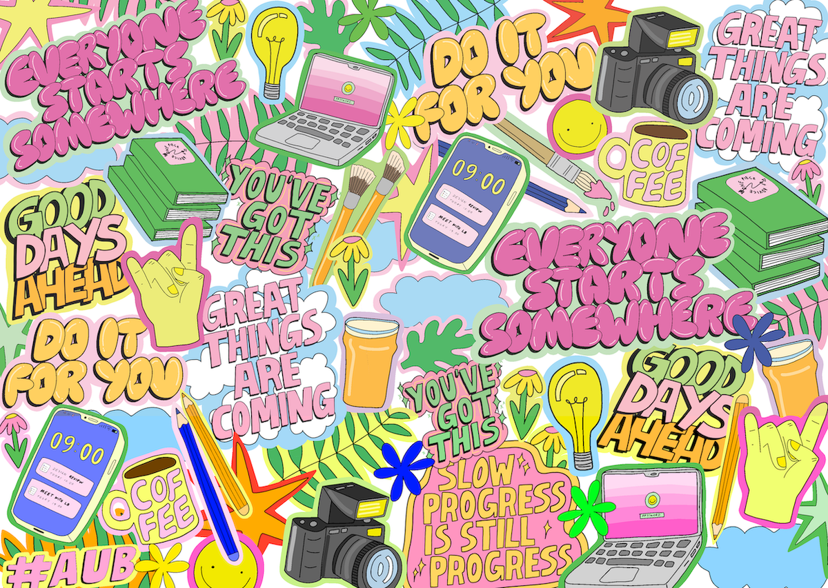 Colourful illustrations of various objects including cameras, smartphones, books and laptops, as well as motivational quotes in multicoloured bubble writing.