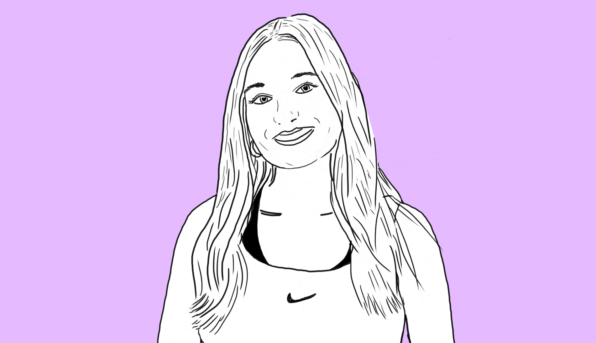 Line drawing of smiling woman with long wavy hair wearing Nike vest top against bright purple background.