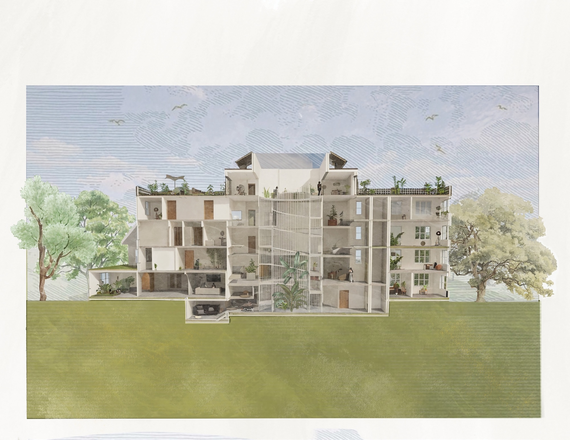 Architectural cross-section drawing showing multi-storey residential building with white/grey structure, green lawn foreground, trees on sides, pale blue-pink sky background.