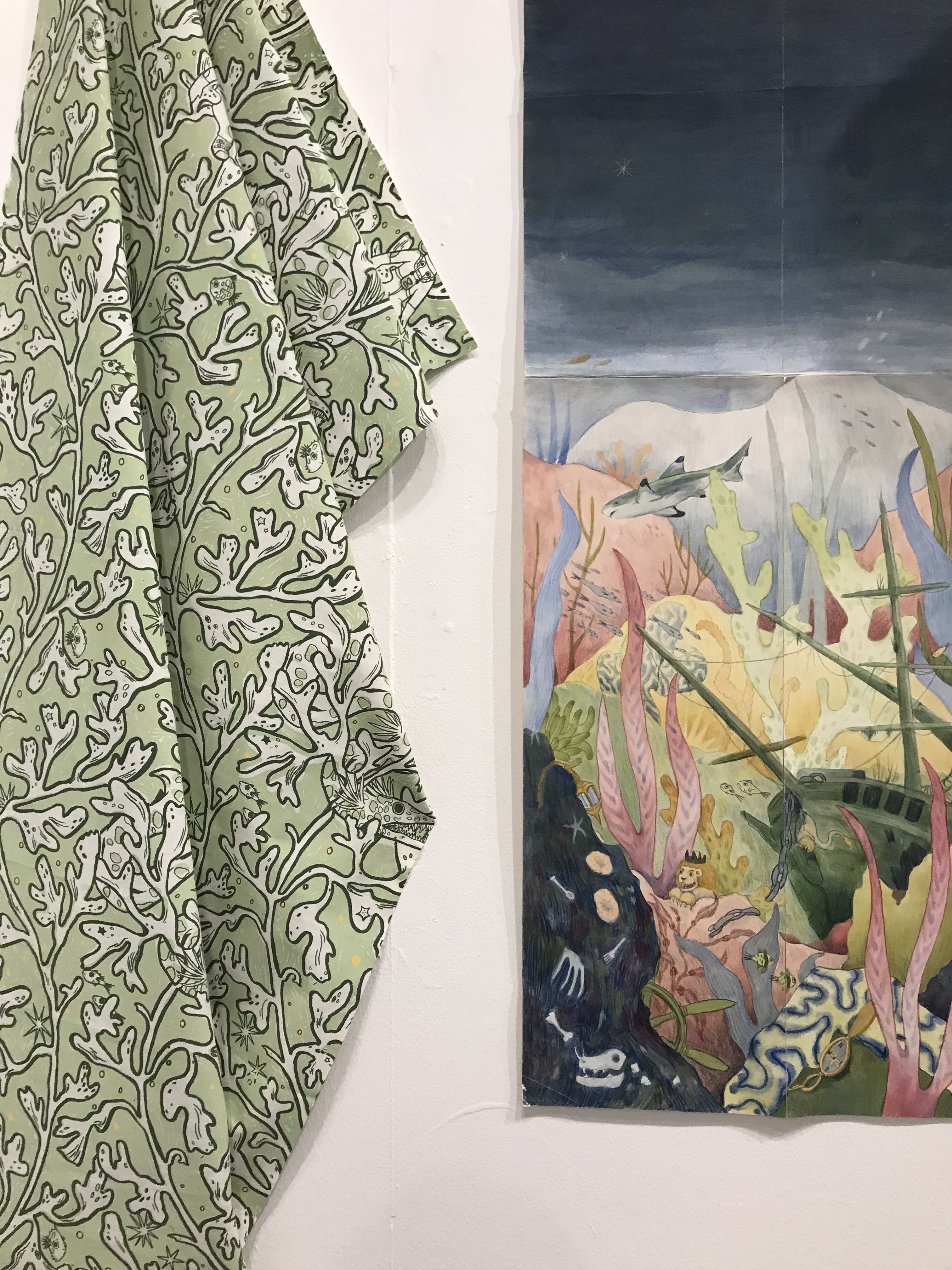 A hanging floral textile sheet and ocean coral illustration with a sunken ship, white background.