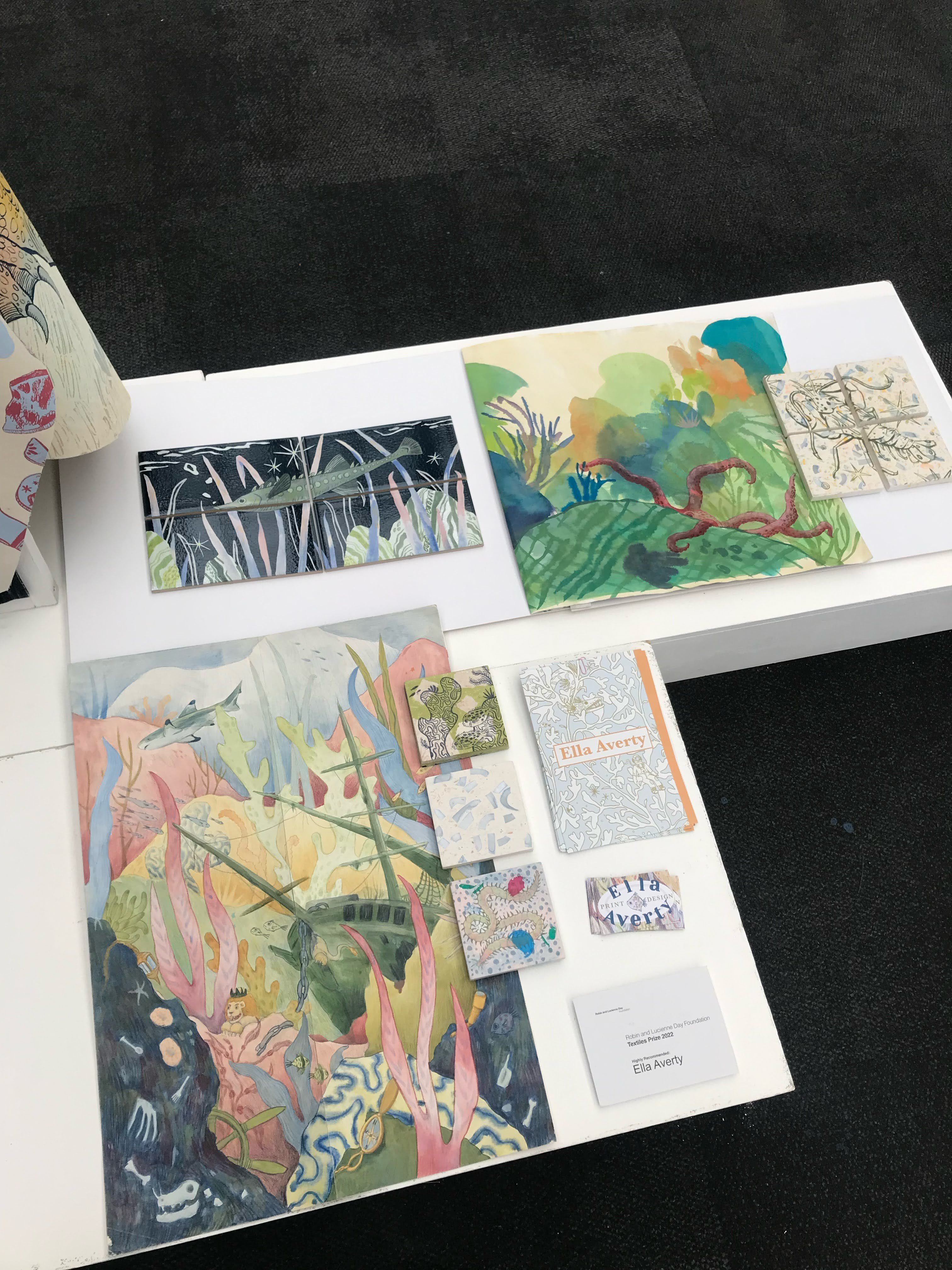 A collection of oceanic illustrations at an exhibition, ground view.