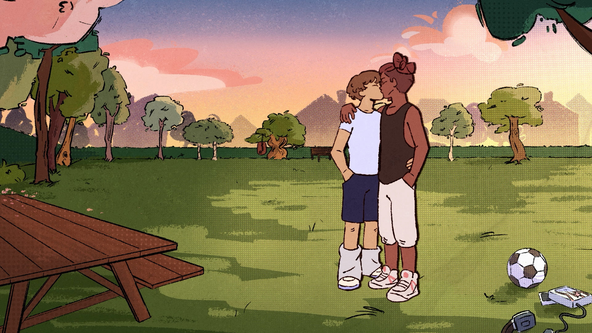 Animation still of two characters kissing in a field at sunset.