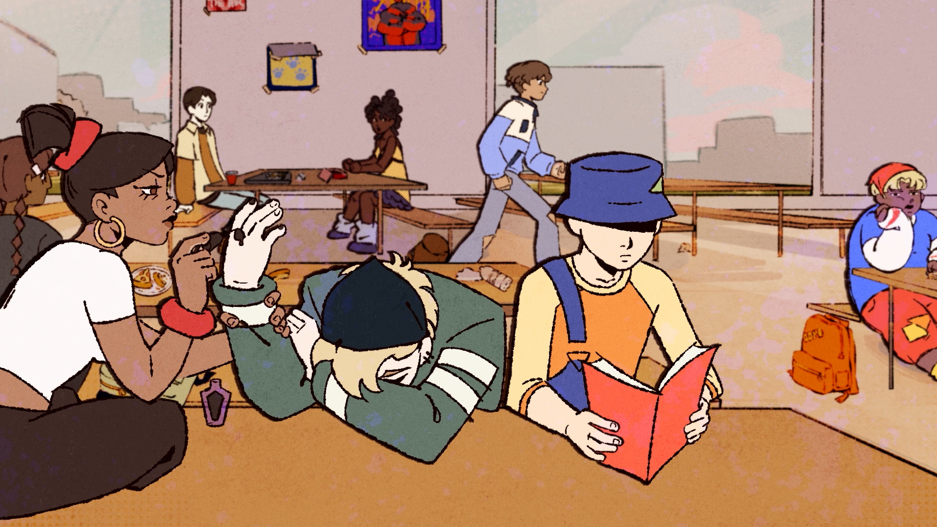 Animation still of school kids around a table in a canteen.