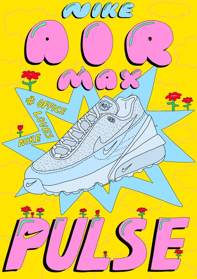 Colourful illustration of white Nike Air Max Pulses with bubbly pink text, blue graphics and red flowers, yellow background.