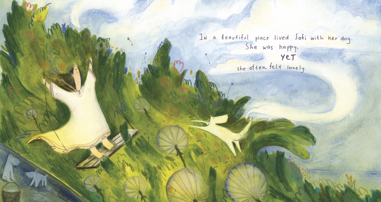 An illustrated scene of a girl relaxing in a leafy tree with a dog nearby, with handwritten text in the sky and a green hillside below.